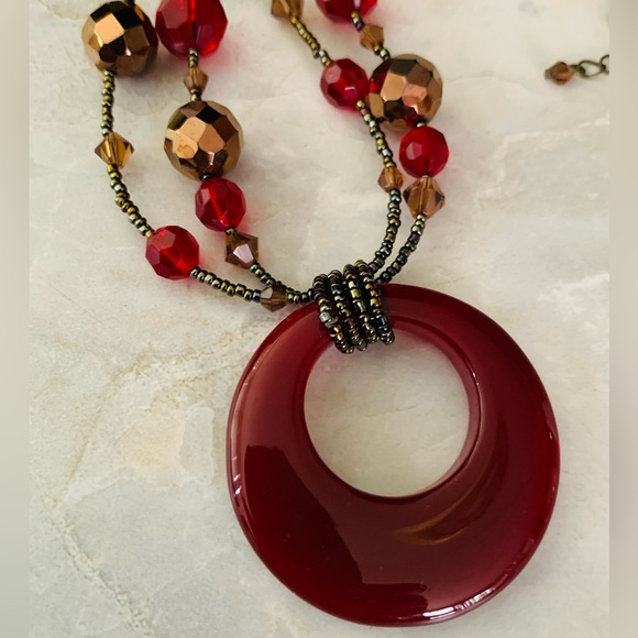 Lia Sophia Red and Gold Necklace with Striking Glass Circle Pendant - Picture 3 of 5